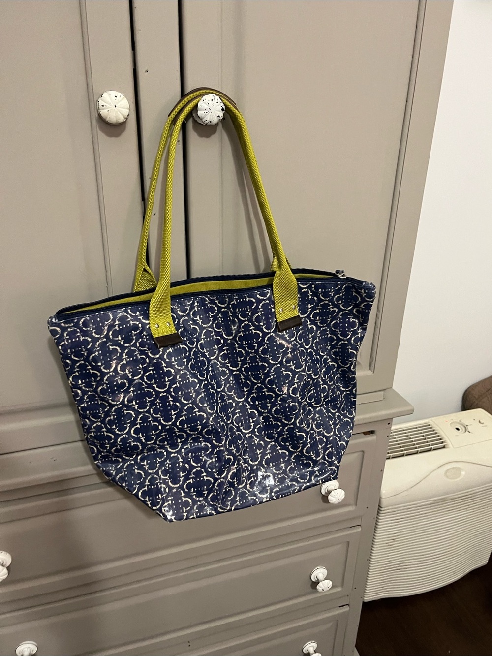 Navy Patterned Tote with Lime Handles